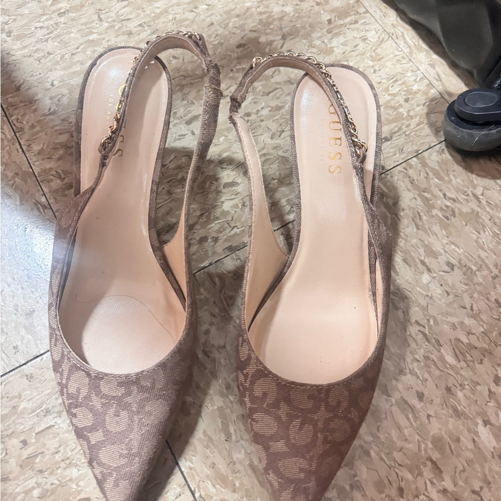 GUESS Taupe Logo Jacquard Slingback Pointed-Toe Mules